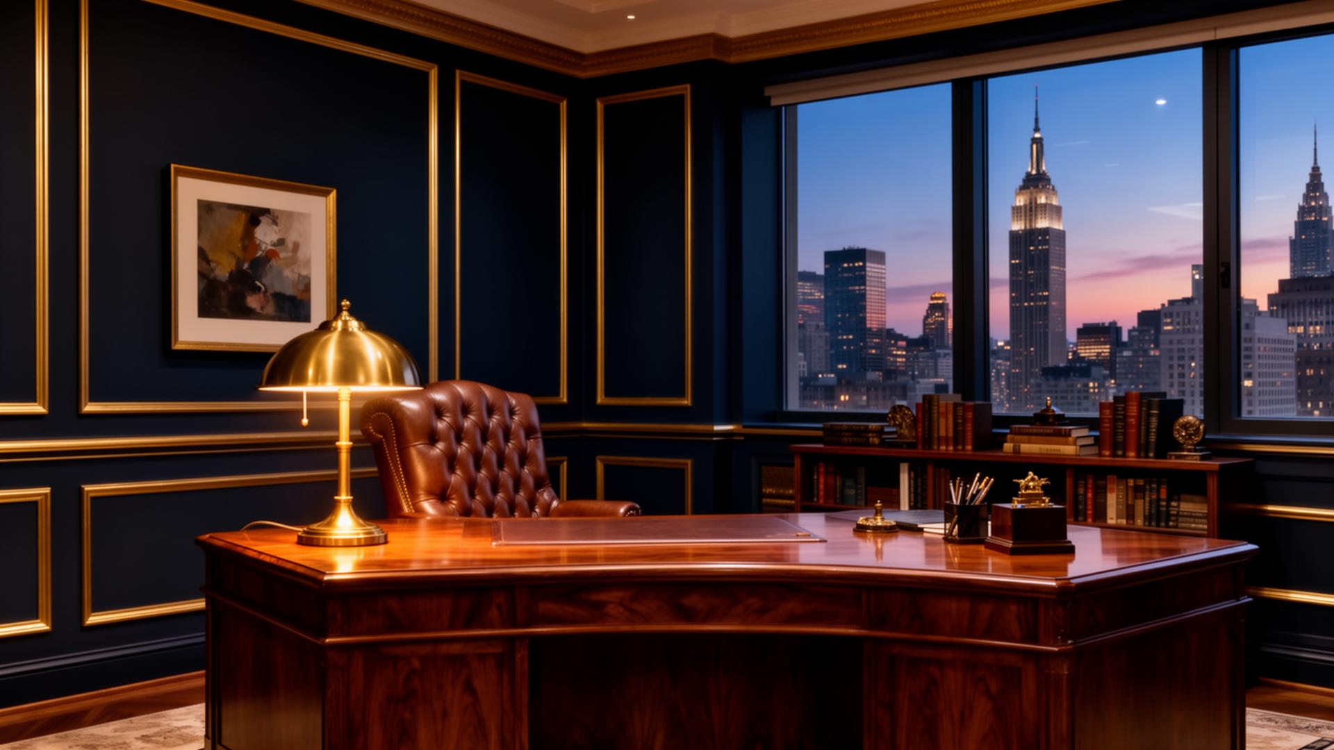 Luxury executive office suite at dusk